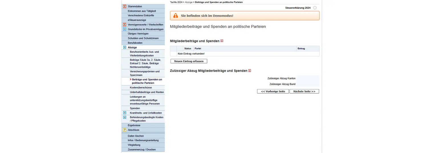 Formular für Mitgliederbeiträge und Spenden an politische Parteien in der Steuererklärung TaxMe Bern