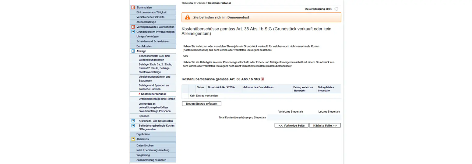 Maske zur Erfassung von Kostenüberschüssen gemäss Art. 36 Abs. 1b StG bei Liegenschaftsverkauf in TaxMe