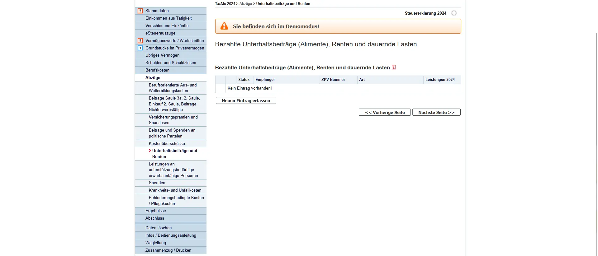 Eingabeseite für bezahlte Unterhaltsbeiträge, Renten und dauernde Lasten in der Steuererklärung