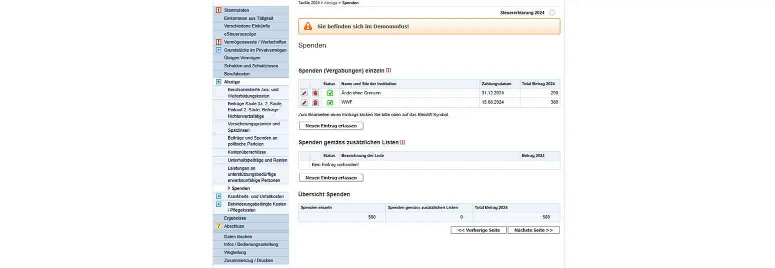 Einzelne Spenden an gemeinnützige Organisationen in TaxMe-Online deklarieren