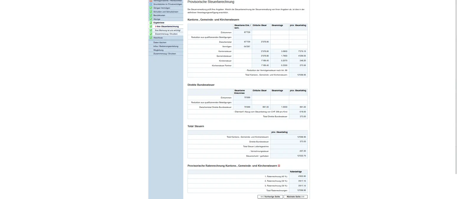 Provisorische Steuerberechnung mit Kantons-, Gemeinde- und Bundessteuer