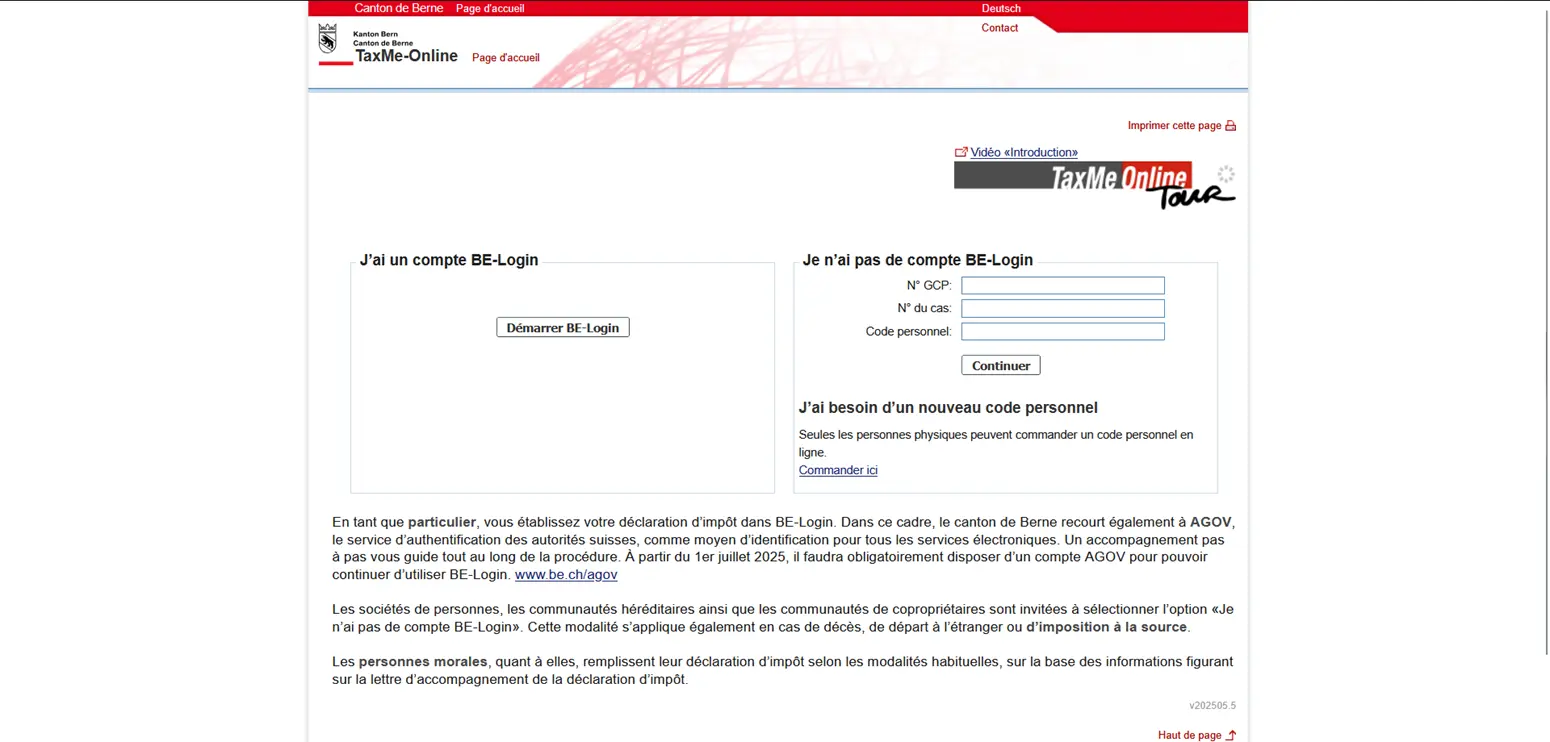 Page d'accueil de TaxMe-Online dans le canton de Berne avec BE-Login et champs de saisie pour le numéro ZPV, le numéro de cas et le code ID