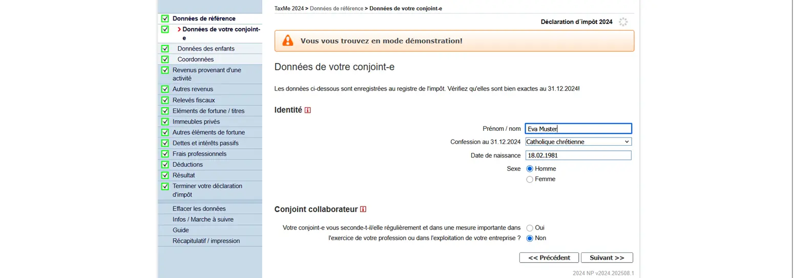 Masque 'Données du partenaire' dans TaxMe-Online avec données personnelles et informations sur l'activité professionnelle du conjoint