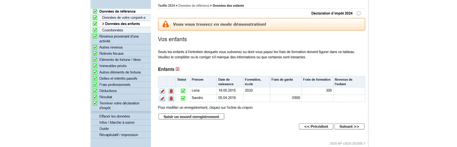 Aperçu des informations sur les enfants dans TaxMe-Online, y compris la date de naissance, les frais de garde et les frais de formation