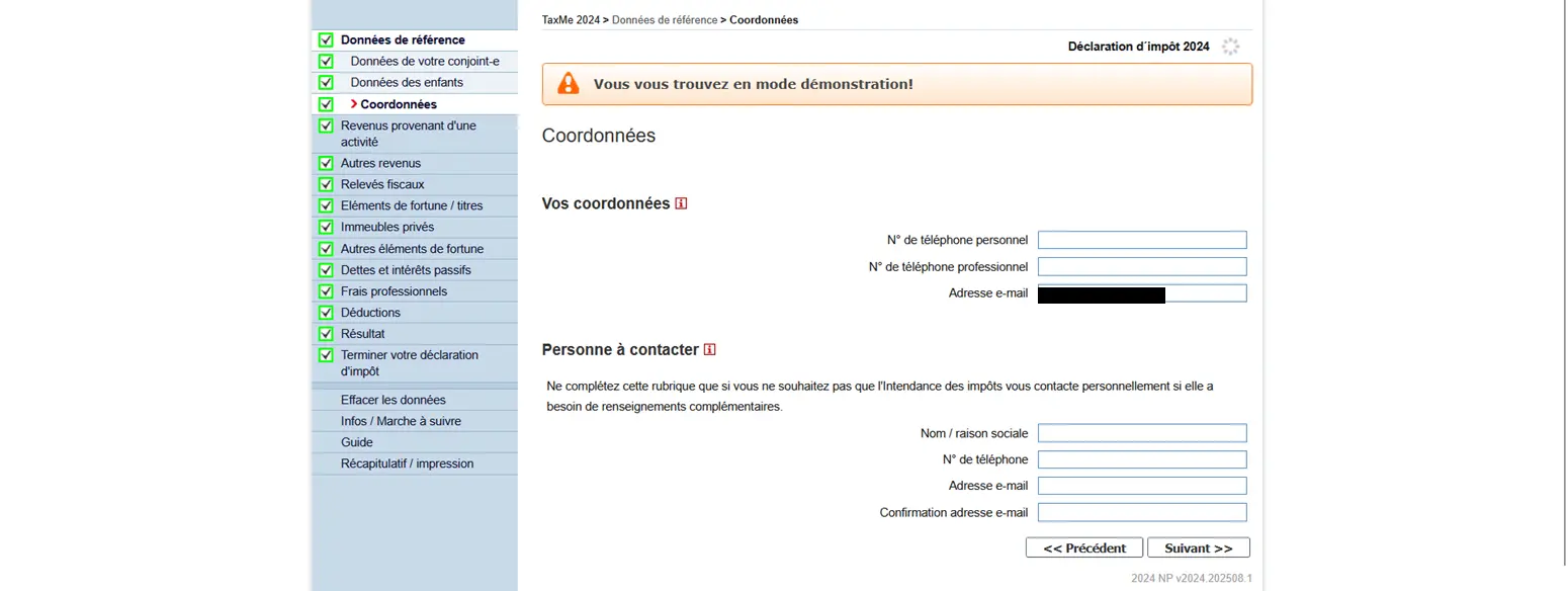 Coordonnées dans TaxMe-Online pour la déclaration d'impôts avec validation par e-mail pour les questions de l'administration fiscale