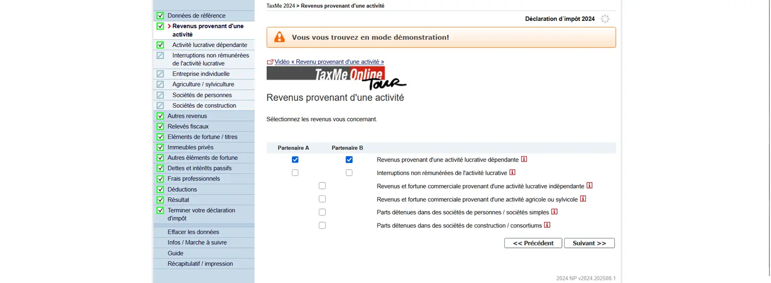 Sélection des types de revenus d'activité dans TaxMe-Online pour le travail salarié et le travail indépendant