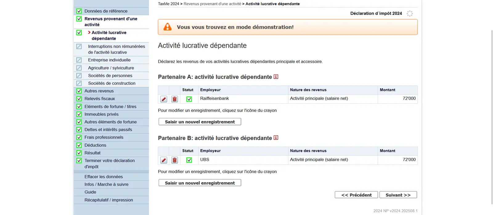 Aperçu de l'activité salariée dans TaxMe-Online avec employeur, type de revenu et salaire brut