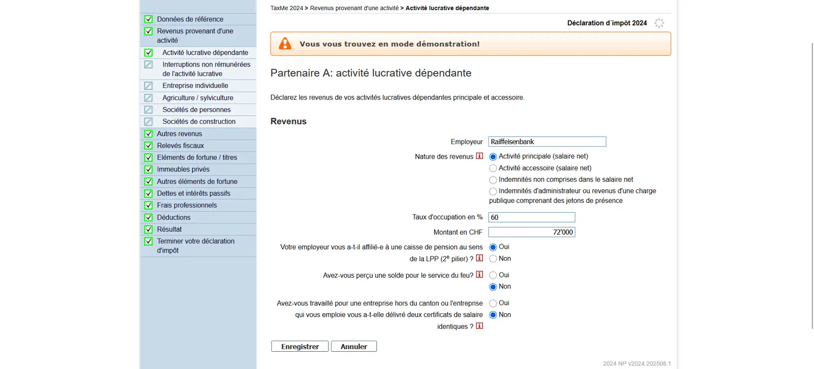 Vue détaillée pour la saisie des revenus salariaux dans TaxMe-Online avec taux d'occupation, affiliation LPP et salaire net