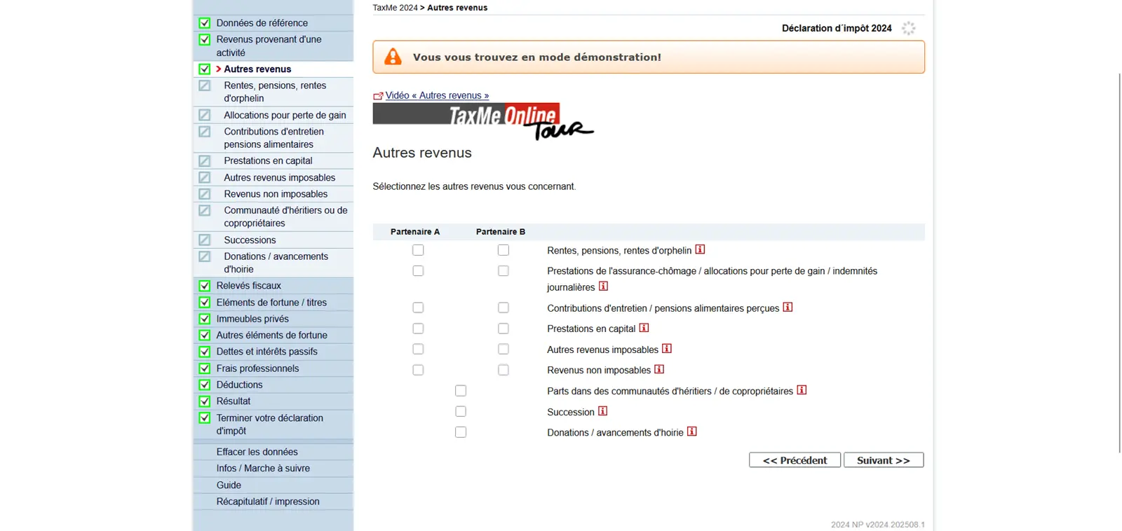 Masque de sélection 'Revenus divers' dans TaxMe-Online pour les rentes, les pensions alimentaires, les héritages et les prestations en capital