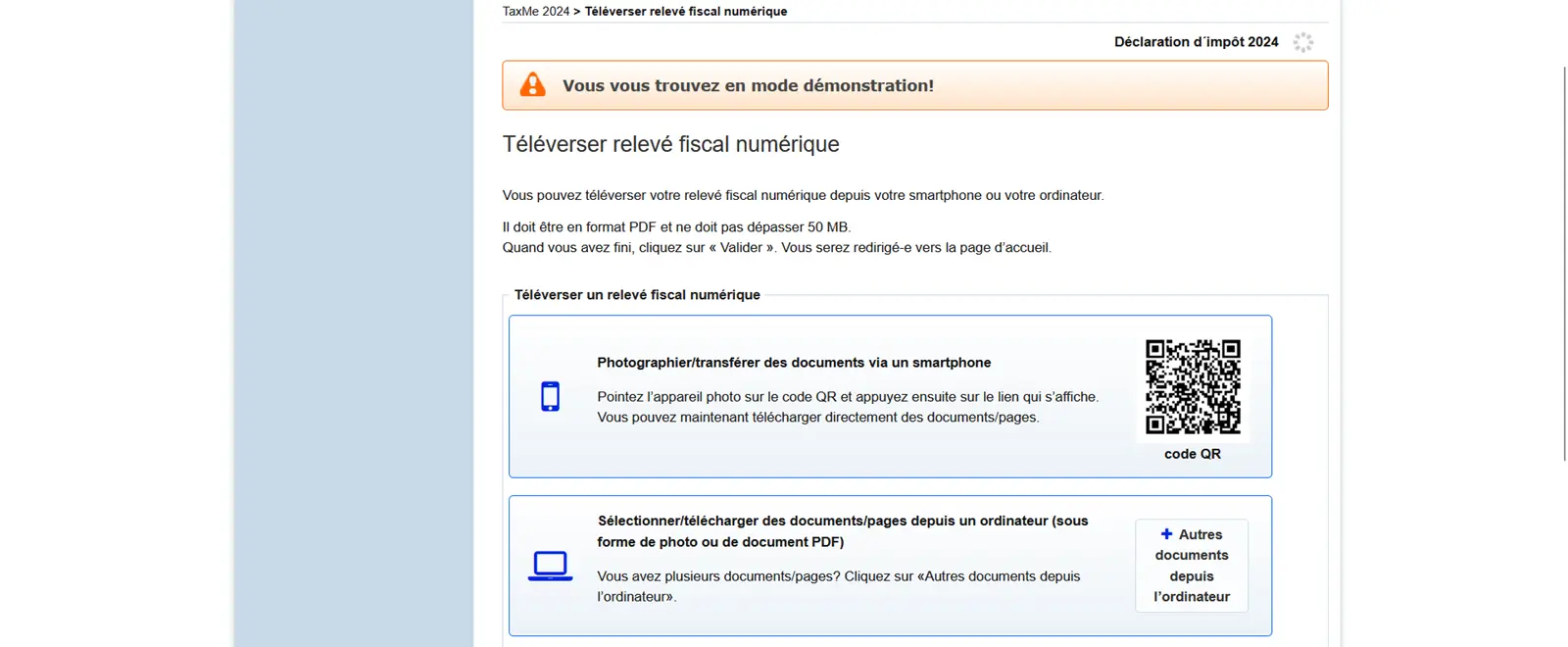 Télécharger un relevé fiscal électronique dans TaxMe Online par code QR ou par ordinateur pour la déclaration d'impôts dans le canton de Berne