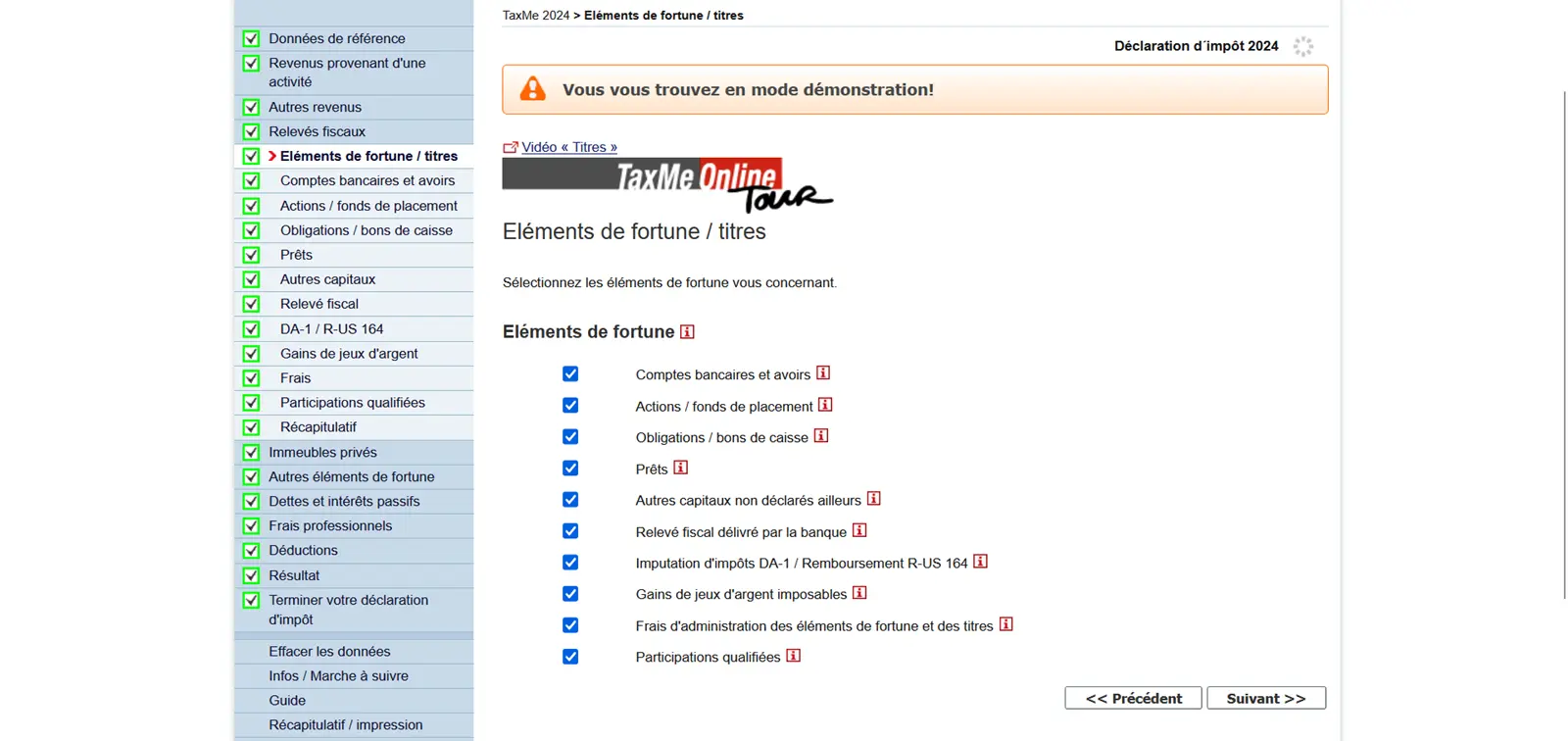 Sélection des avoirs et des titres à déclarer dans TaxMe-Online pour la déclaration d'impôts