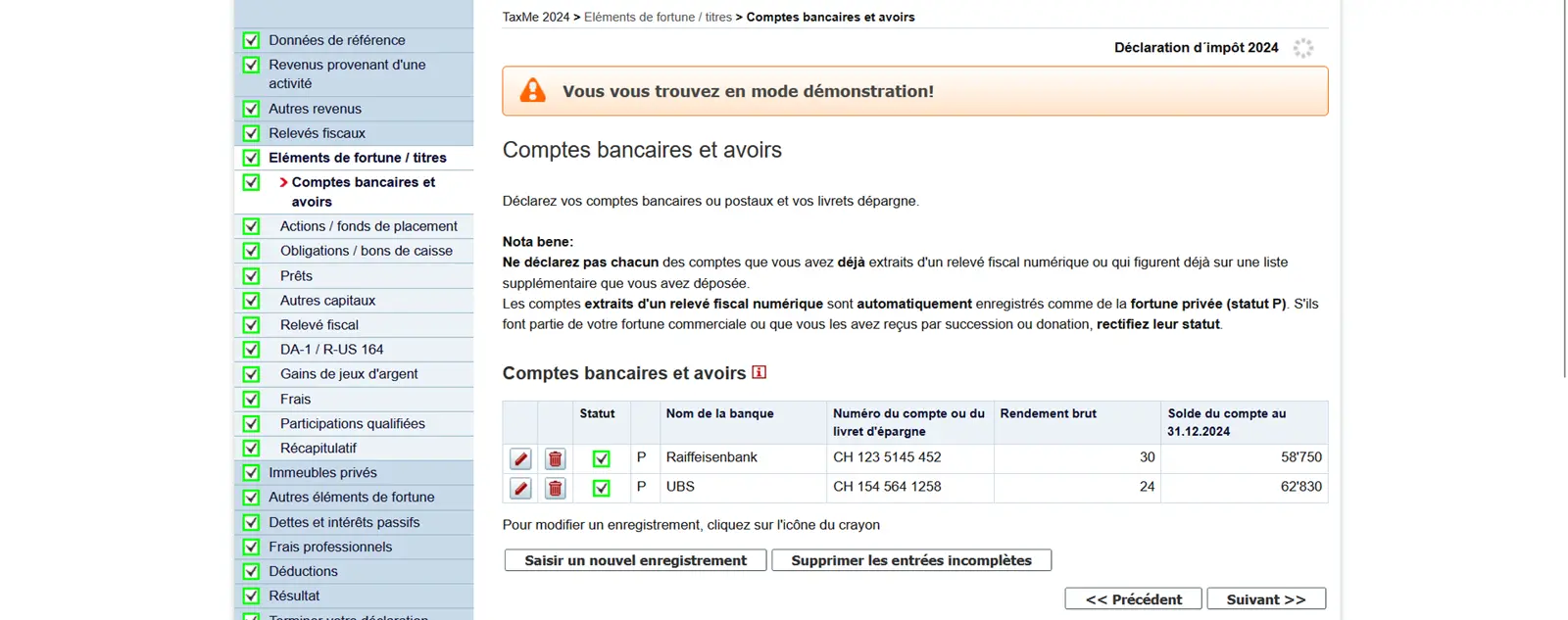 Aperçu des comptes bancaires et des avoirs saisis dans TaxMe-Online, y compris les intérêts et le solde du compte au 31 décembre