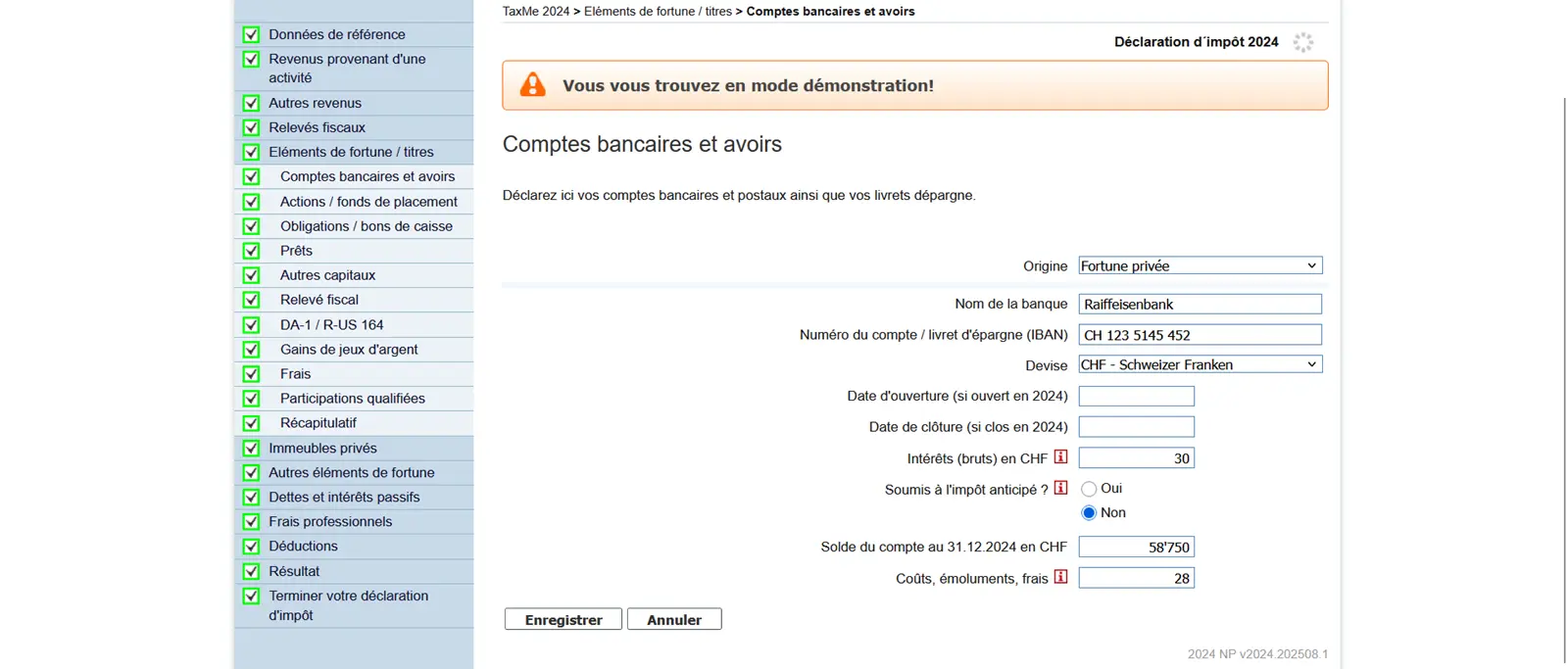 Saisie d'un compte bancaire dans TaxMe-Online avec IBAN, intérêts perçus et solde du compte dans la fortune privée