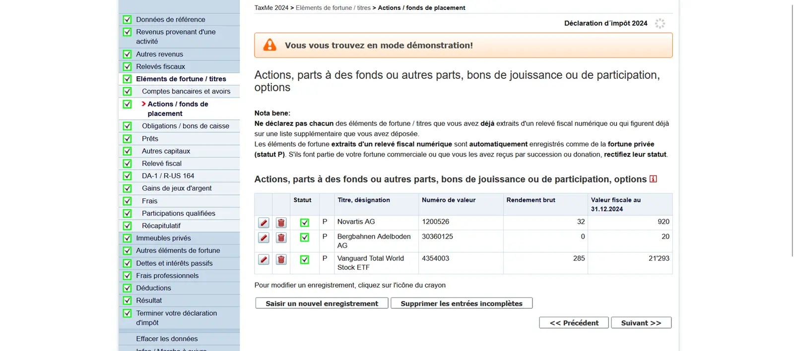 Aperçu des actions et fonds de placement déclarés dans TaxMe-Online avec numéro de valeur et valeur fiscale