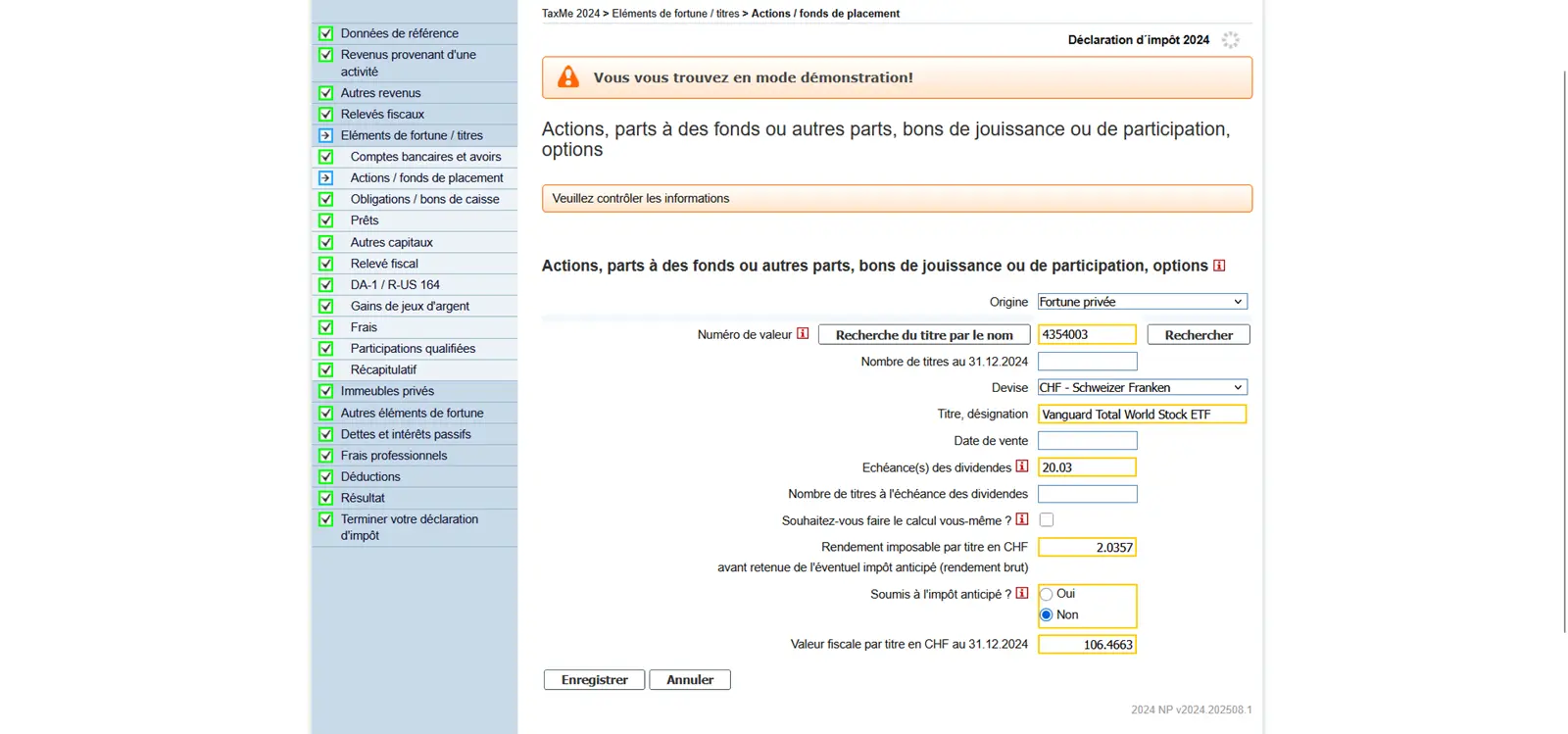 Saisie d'un ETF dans TaxMe-Online avec numéro de valeur, date du dividende et revenu imposable