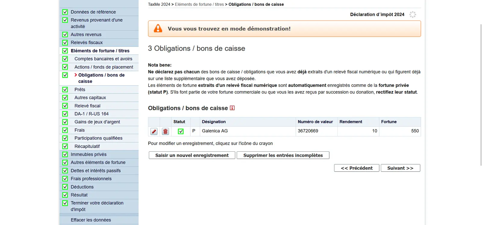 Déclaration d'obligations et de bons de caisse dans TaxMe-Online avec revenu et valeur patrimoniale
