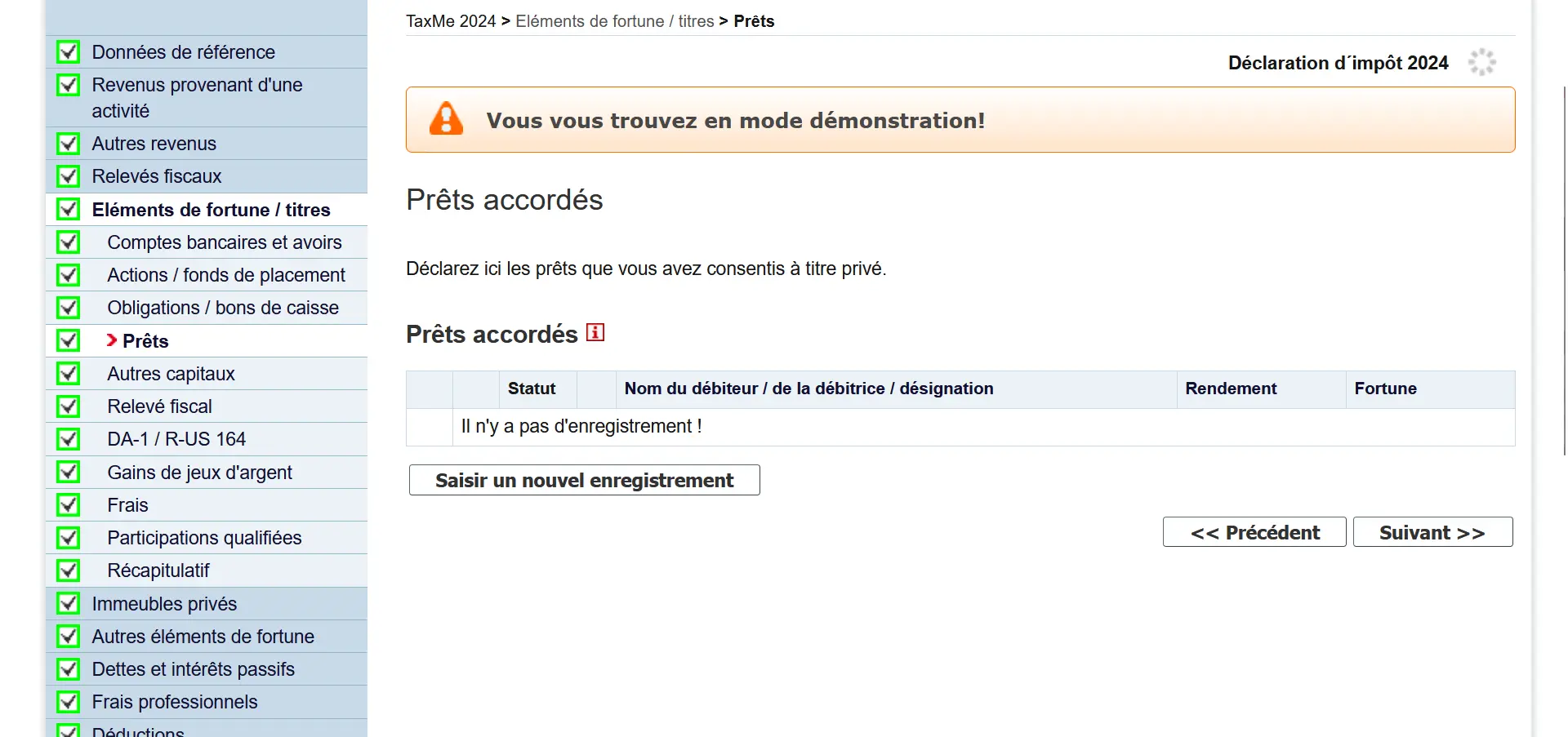 Aperçu des prêts accordés dans TaxMe-Online pour déclarer la fortune et les intérêts