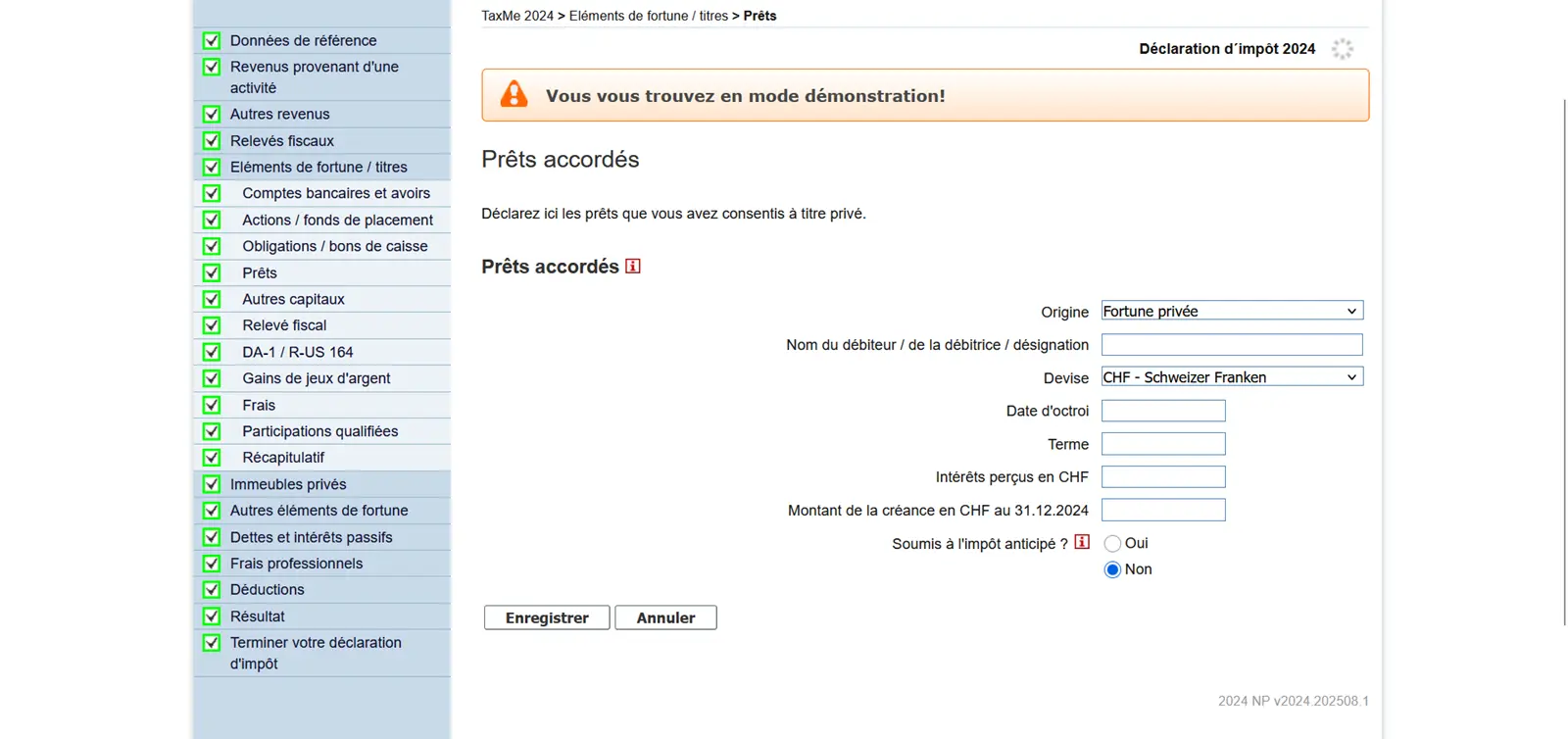 Saisie des prêts privés dans TaxMe-Online avec les informations sur le débiteur, la devise, les intérêts et le montant de la créance