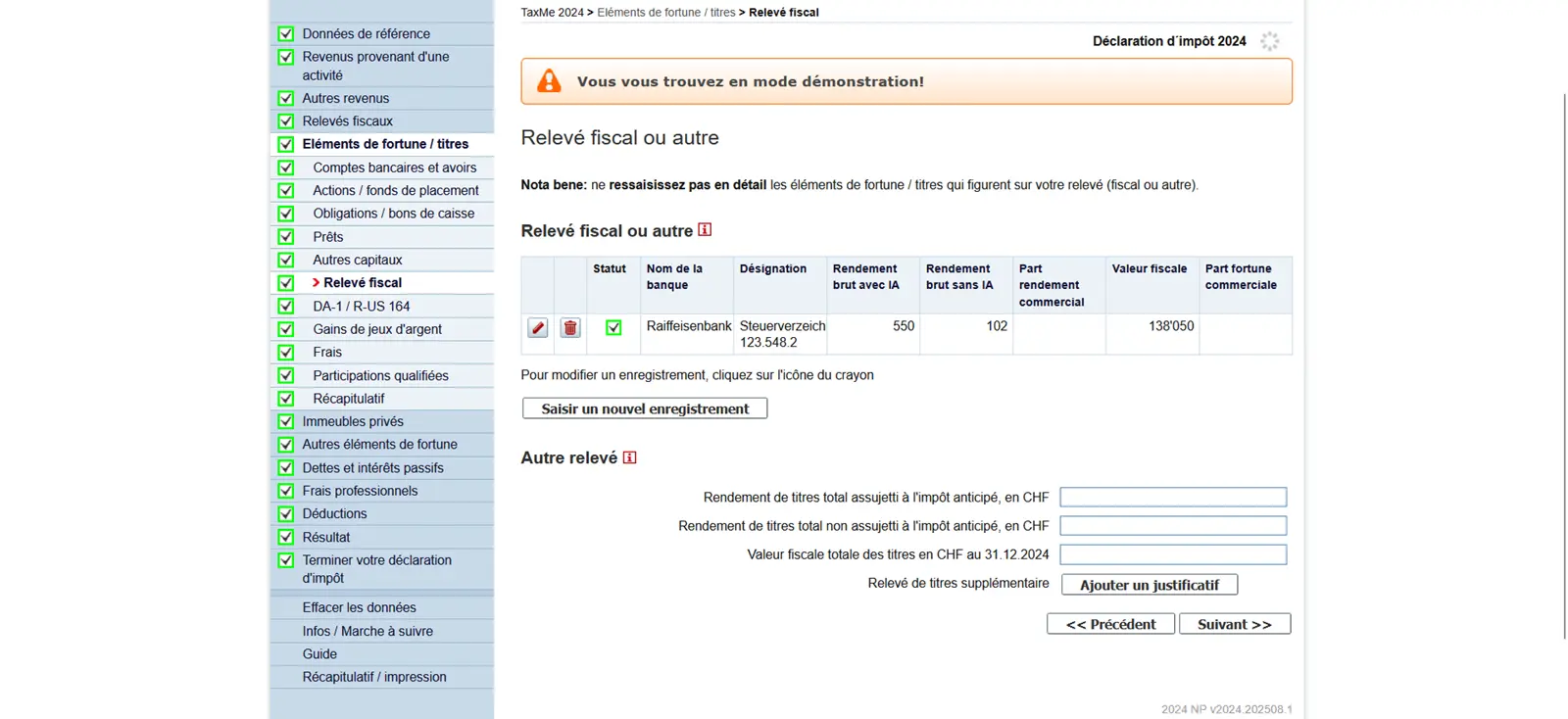 Répertoire fiscal de la banque dans TaxMe-Online avec revenus bruts, impôt anticipé et valeur fiscale au 31.12