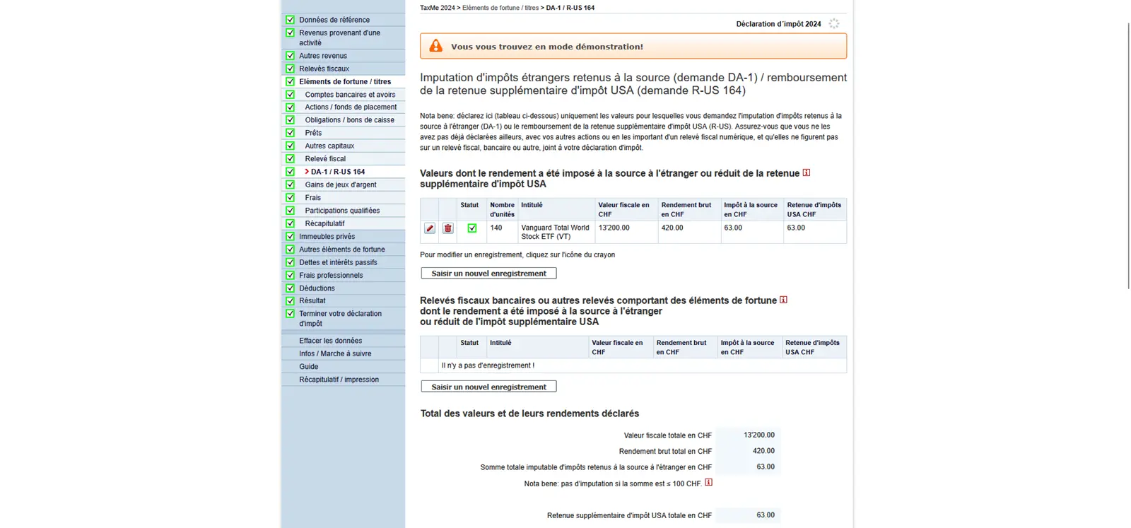DA-1 / R-US 164: demande d'imputation de l'impôt à la source étranger sur les ETF américains dans la déclaration d'impôt suisse