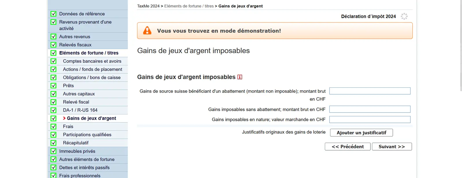 Saisie des gains de jeux d'argent imposables dans TaxMe-Online avec montant brut et justificatifs pour les gains de loterie