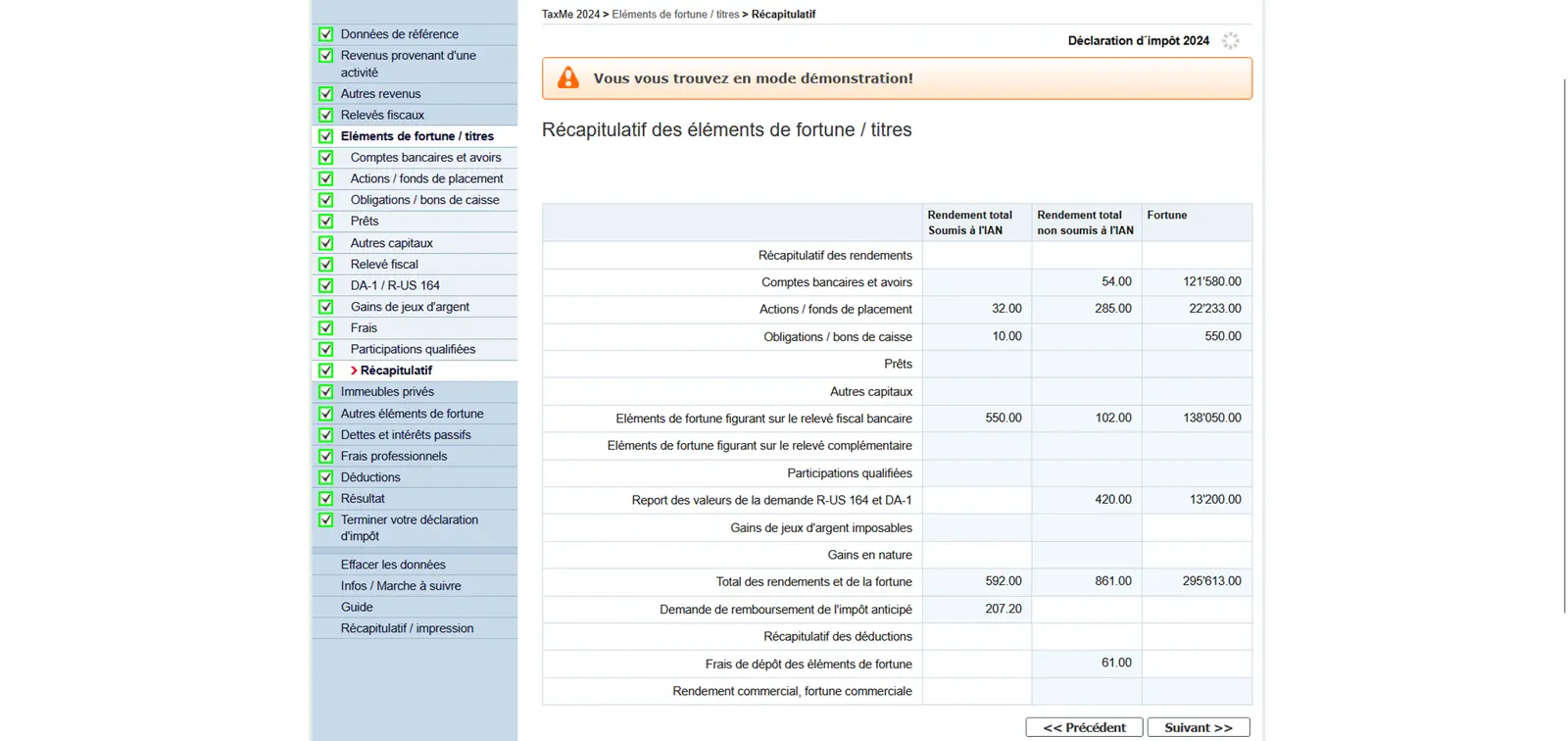 Aperçu général des avoirs et des titres dans TaxMe-Online avec les revenus, les avoirs et les sommes d'impôt