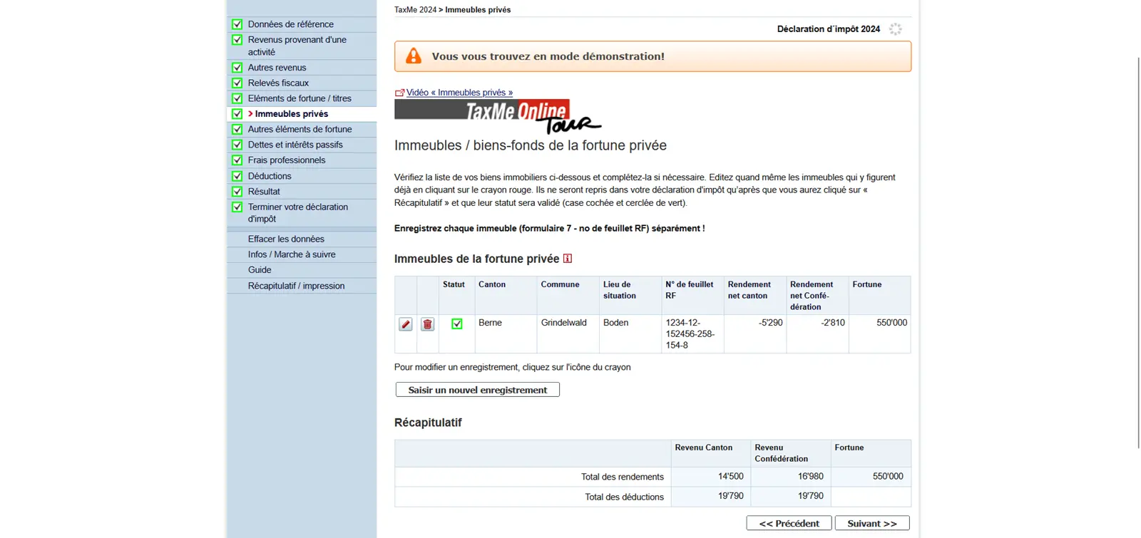 Aperçu des terrains dans la fortune privée dans TaxMe-Online avec données immobilières et valeurs fiscales dans le canton de Berne
