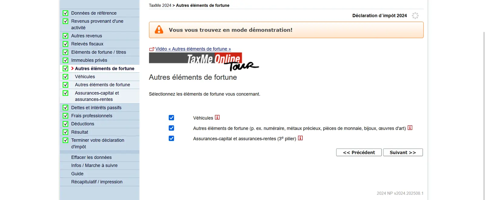 Masque de sélection pour les autres actifs dans TaxMe-Online avec les véhicules, les autres actifs et les assurances du pilier 3b