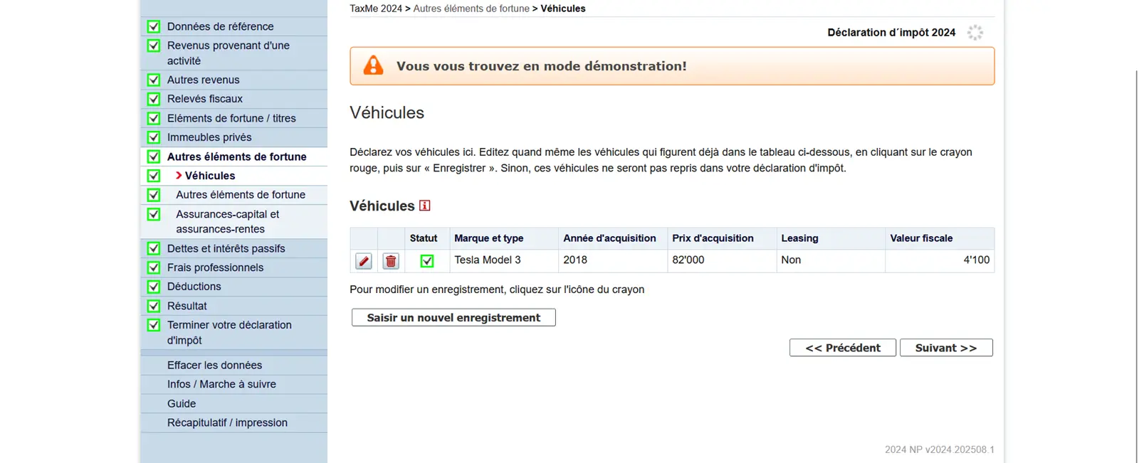 Saisie de véhicules dans le programme fiscal TaxMe-Online, y compris année d'acquisition, prix d'achat et valeur fiscale