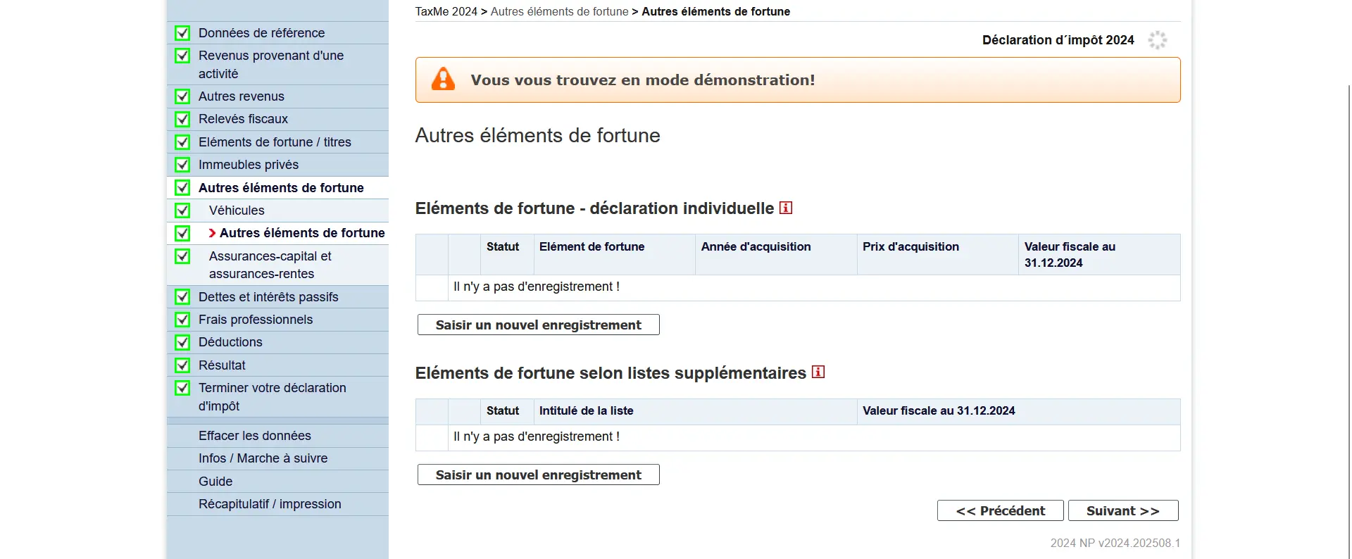 Page de saisie pour d'autres actifs dans TaxMe comme l'argent liquide, les métaux précieux ou les objets de collection