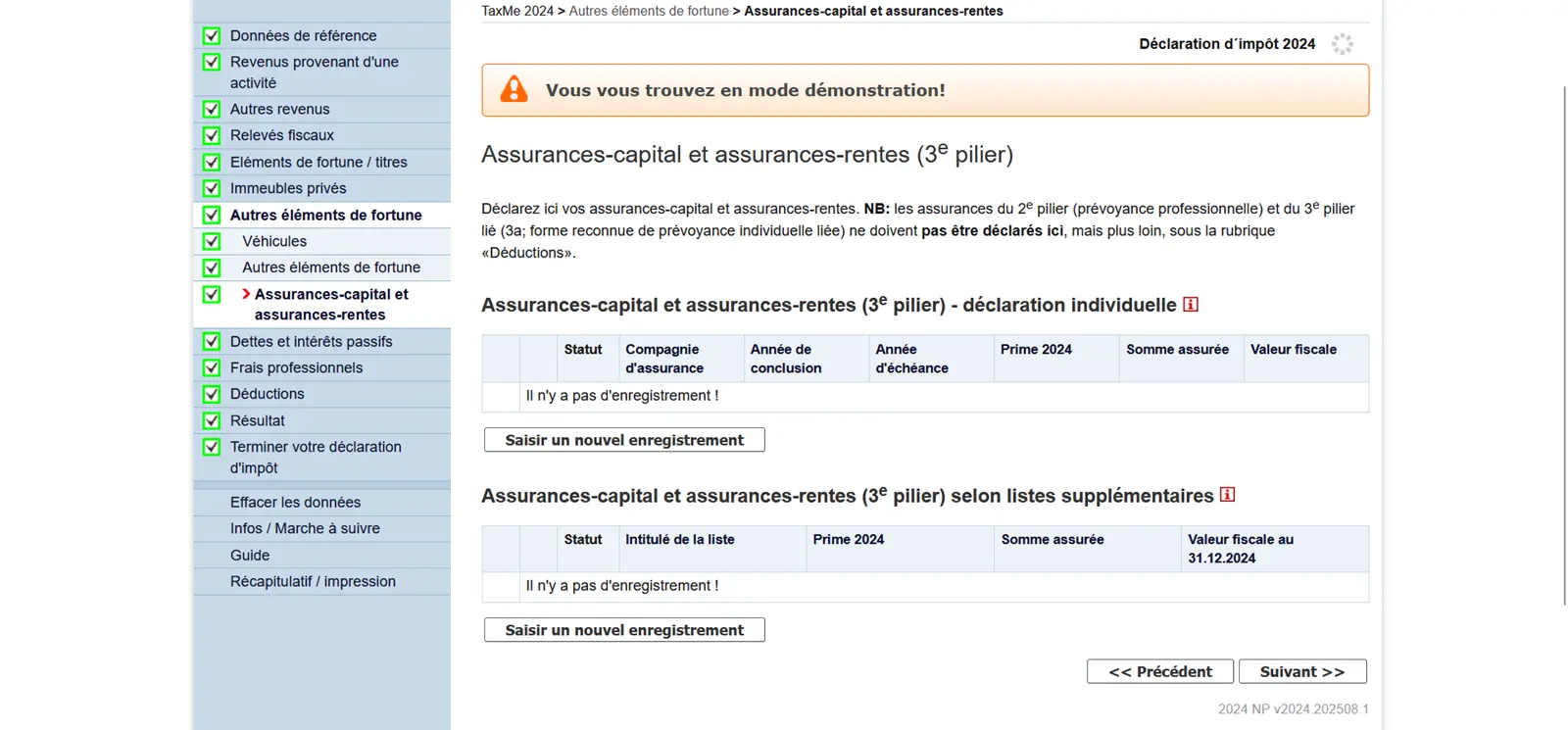 Déclaration des assurances de capital et de rente du pilier 3b durant l'année fiscale dans TaxMe-Online