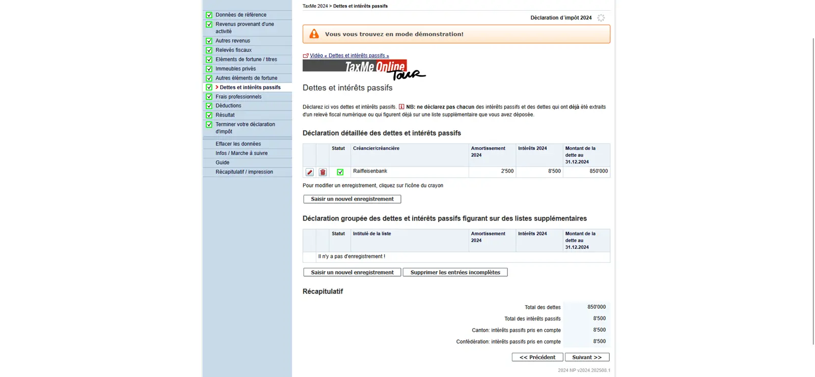 Aperçu des dettes et des intérêts débiteurs dans TaxMe avec l'hypothèque, l'amortissement et les frais d'intérêts