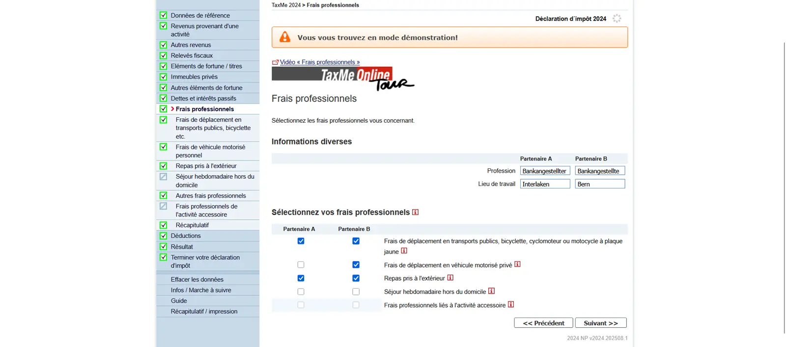 Masque pour les frais professionnels avec sélection des frais de transport, des repas et autres déductions