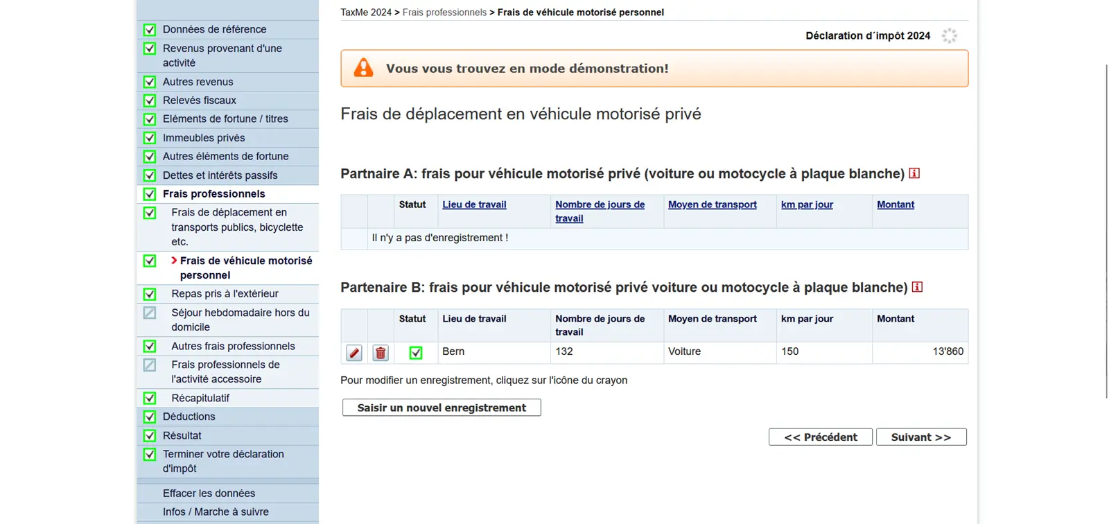 Saisie des repas pris à l'extérieur dans TaxMe-Online avec les jours de travail et les montants déductibles