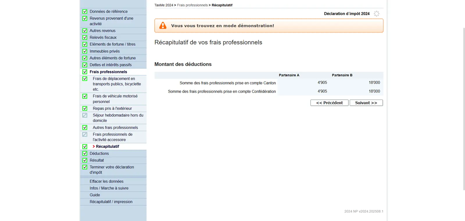 Aperçu des frais professionnels calculés avec les déductions totales pour le canton et la Confédération par partenaire