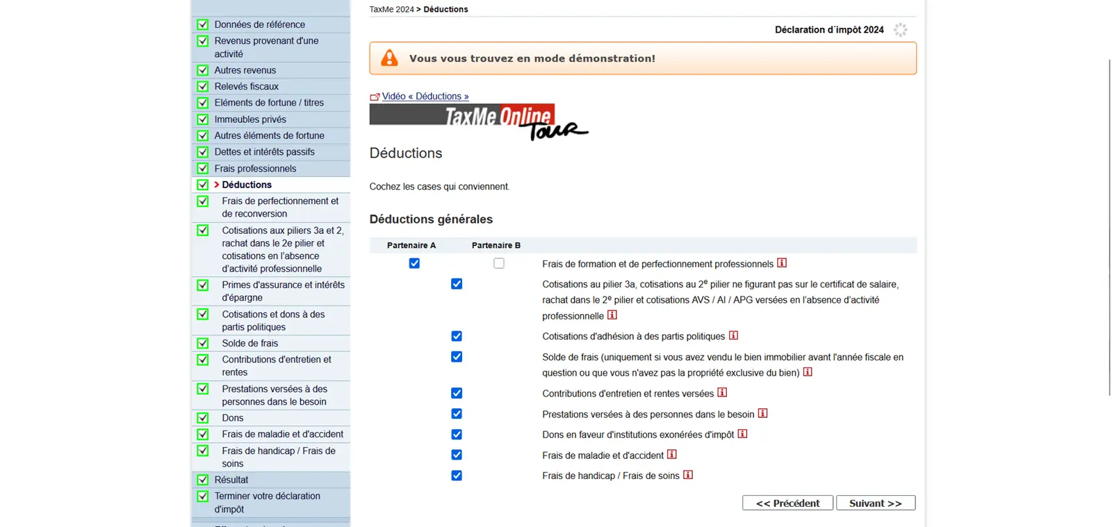 Section 'Déductions' dans TaxMe Berne avec sélection des déductions fiscales générales comme la formation continue, les assurances et les frais médicaux