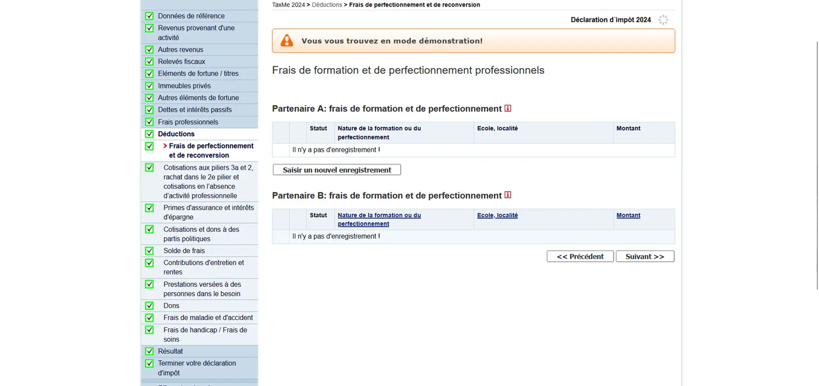 Page de saisie des frais de formation professionnelle et continue dans la déclaration d'impôts du canton de Berne