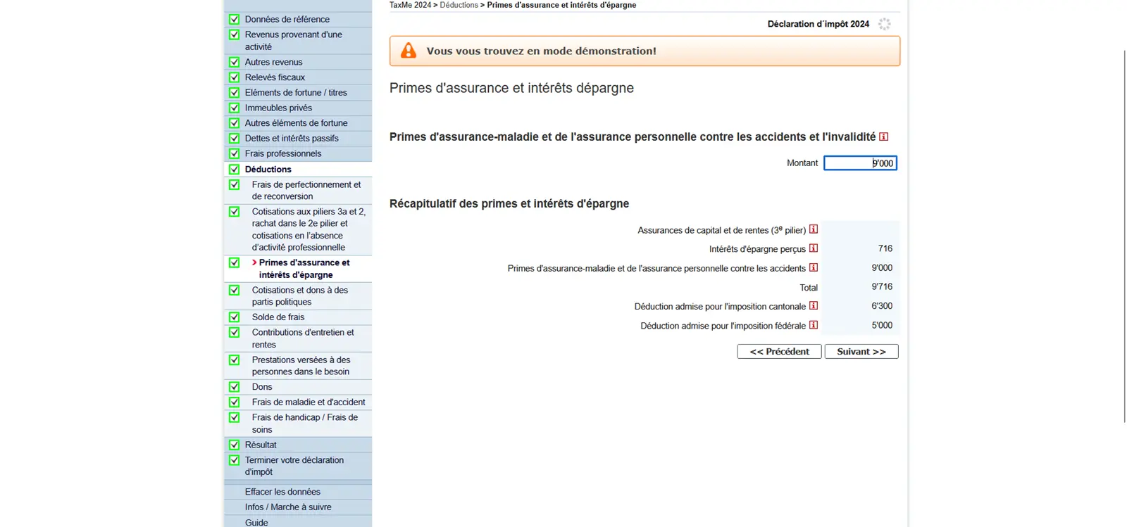 Aperçu des primes d'assurance et des intérêts d'épargne avec les déductions autorisées pour le canton et la Confédération