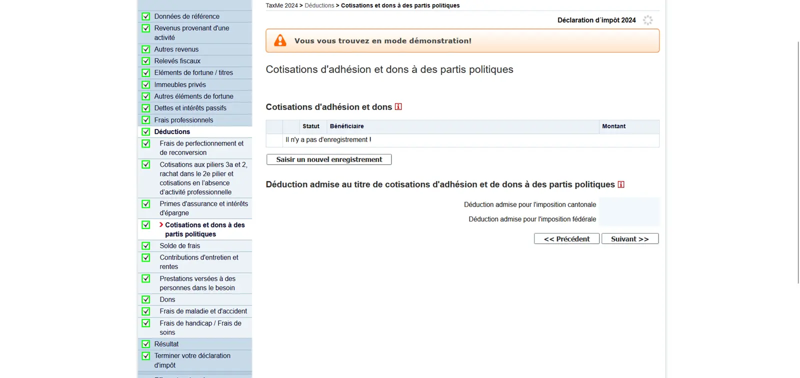 Formulaire pour les cotisations et les dons aux partis politiques dans la déclaration d'impôts TaxMe Berne