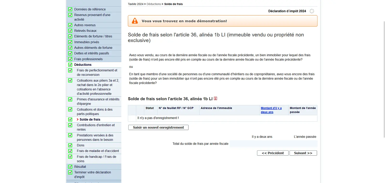 Masque pour la saisie des excédents de coûts selon l'art. 36 al. 1b LT en cas de vente d'un bien immobilier dans TaxMe