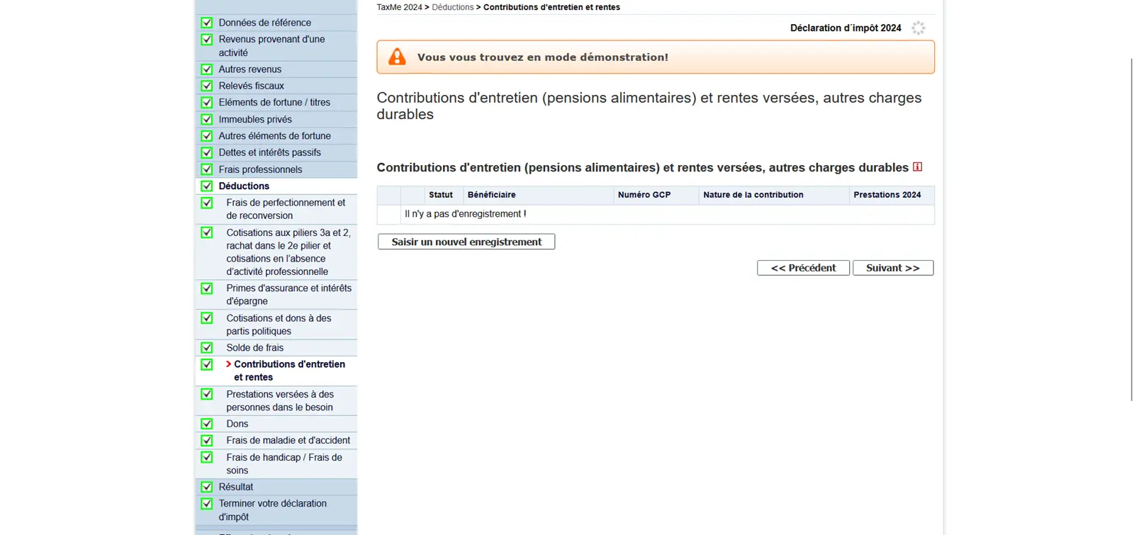 Page de saisie des pensions alimentaires, rentes et charges permanentes payées dans la déclaration d'impôts