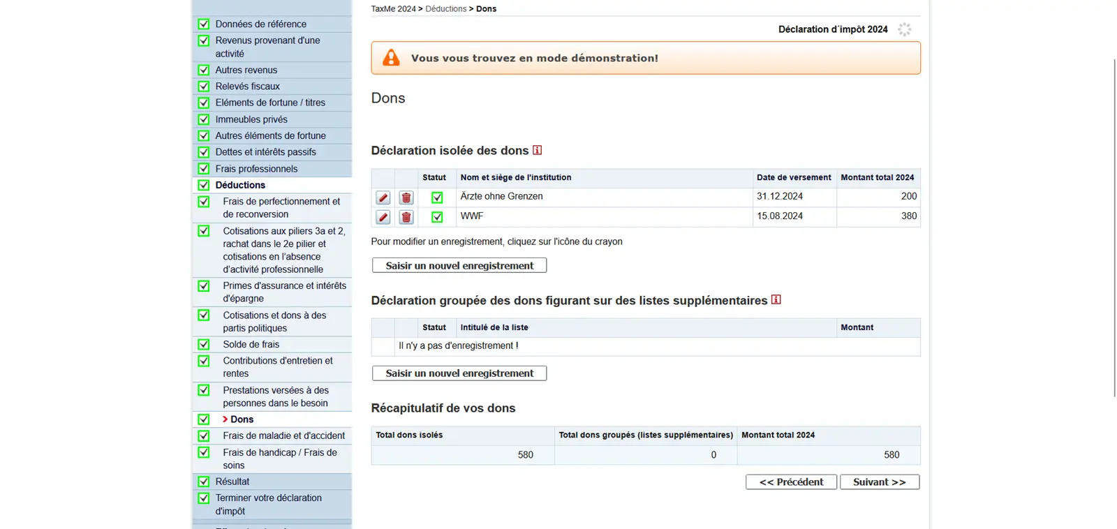 Déclarer des dons individuels à des organisations d'utilité publique dans TaxMe-Online
