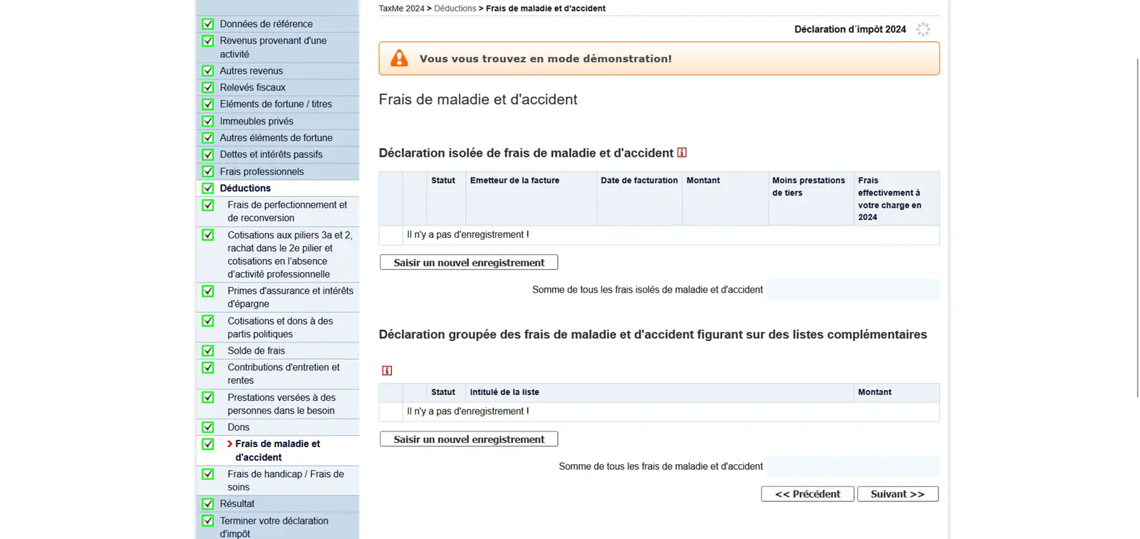 Enregistrement des frais de maladie et d'accident comme dépenses déductibles des impôts