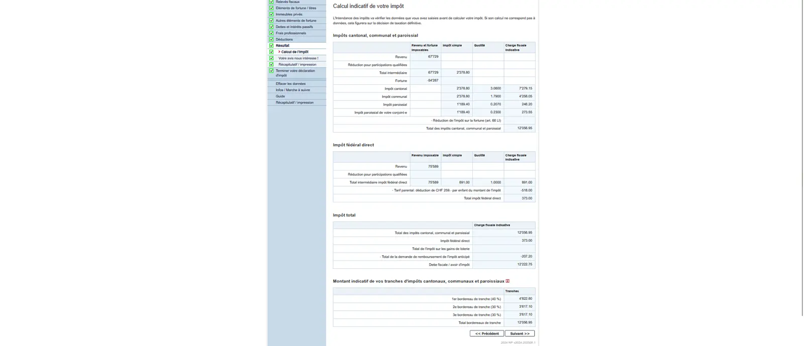 Calcul provisoire de l'impôt avec l'impôt cantonal, communal et fédéral