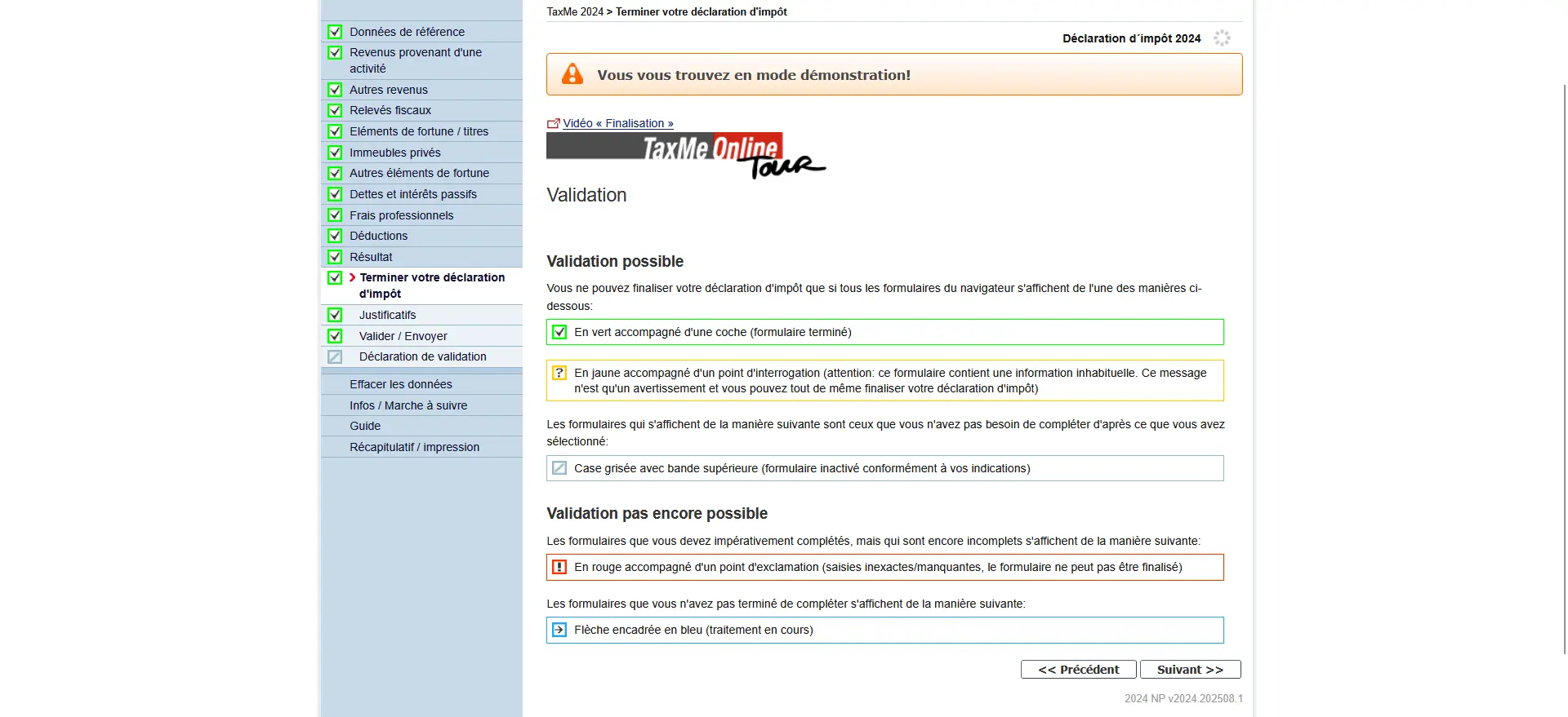 État final de la déclaration d'impôts dans TaxMe avec conseils de vérification et état du formulaire