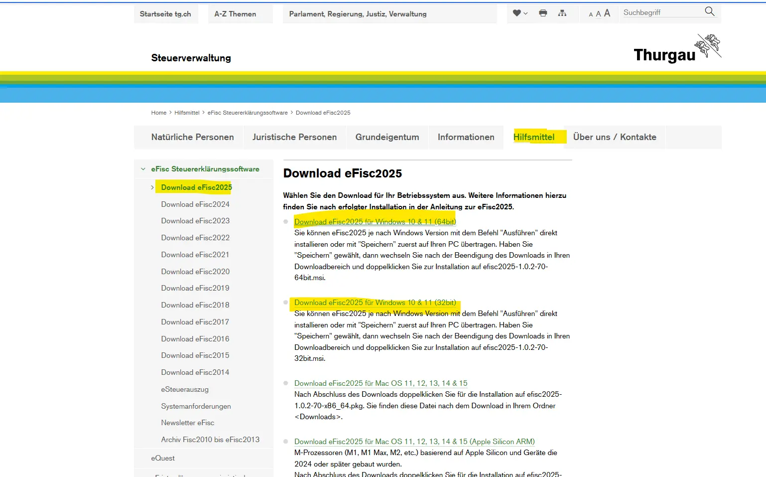 eFisc Thurgau tax return software download page with selection by operating system (Windows and macOS)
