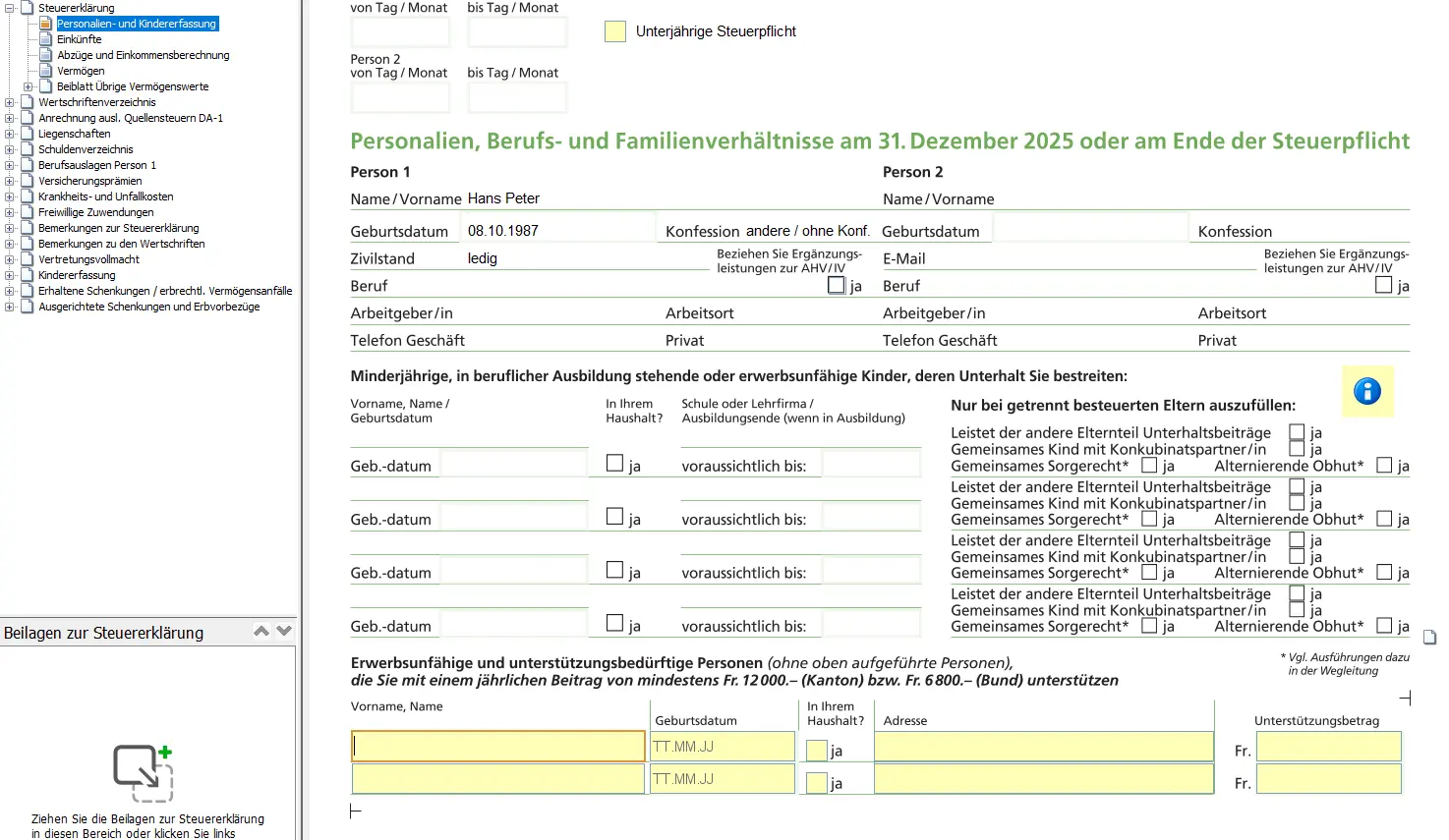 Form 'Identity, work and family situation' in the tax return with information on person 1 and children