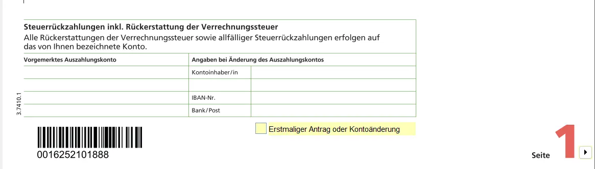 Indication of payment account for tax refunds, including IBAN and account holder