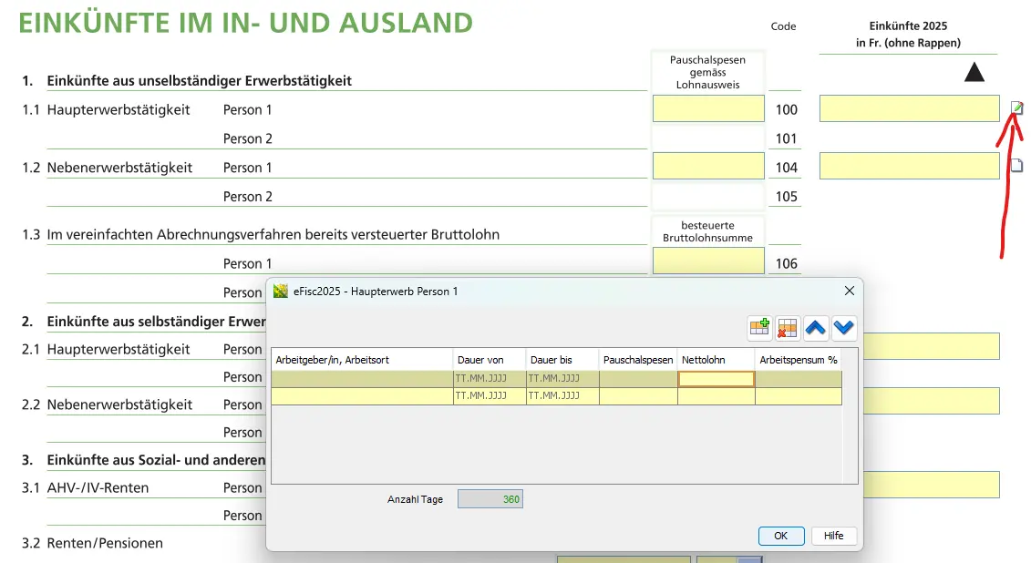 Detail window for entering employer, length of employment, net salary and degree of employment