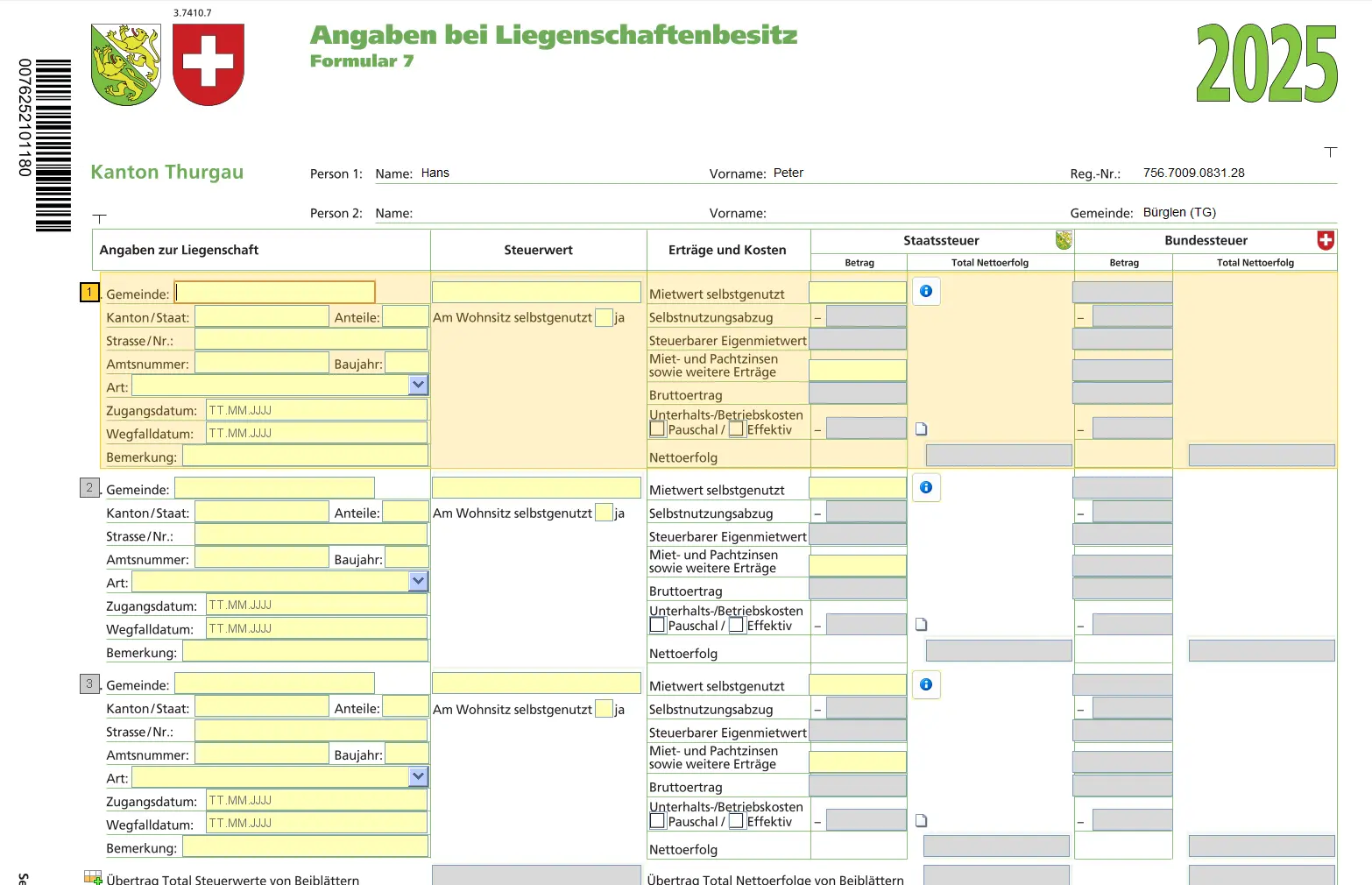 Form 'Data in case of real estate ownership' with entry of rental value, income and costs